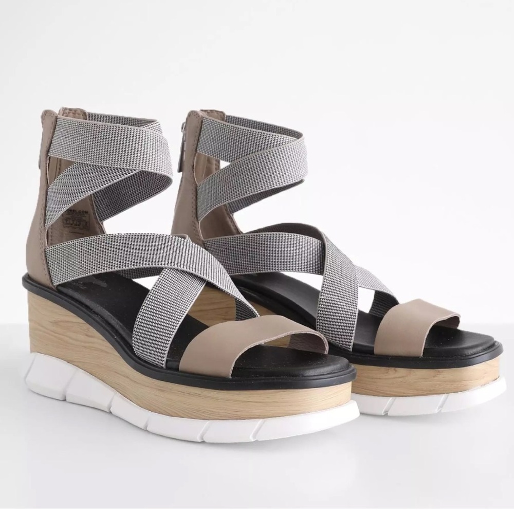 Beige Strappy Platform Sandals with Elastic Ankles - Picture 2 of 11